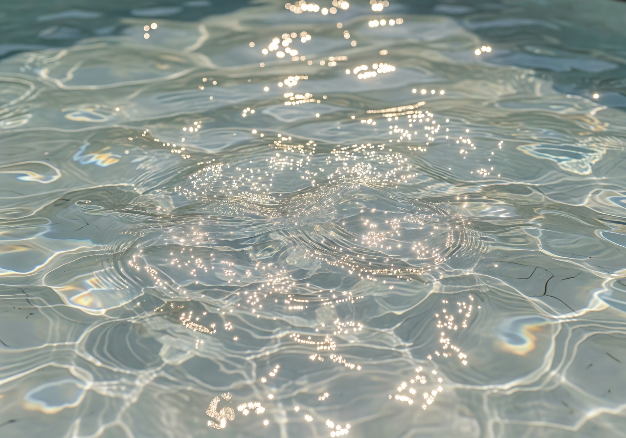 Close-up of Corafunsanctm pool water surface with sunlight sparkling