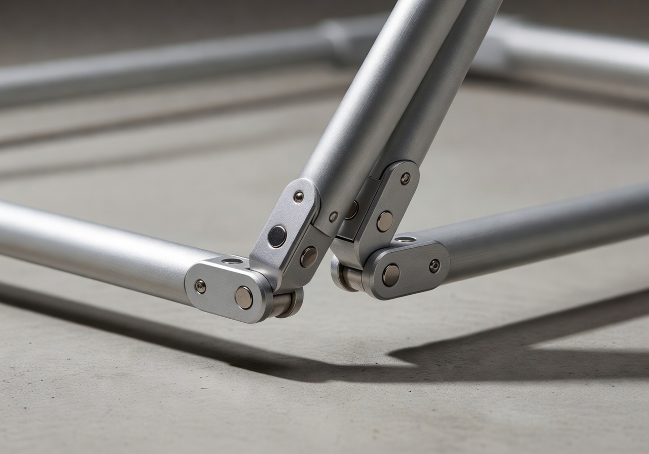 Compact folding mechanism of the Corafunsanctm pool frame showing magnetic hinge joints in detail