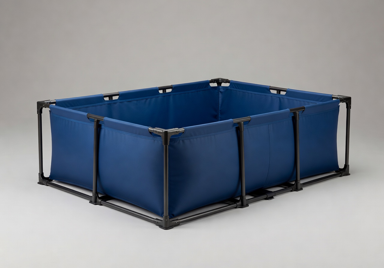 Corafunsanctm portable pool full product view showing the sleek foldable frame and premium blue fabric lining