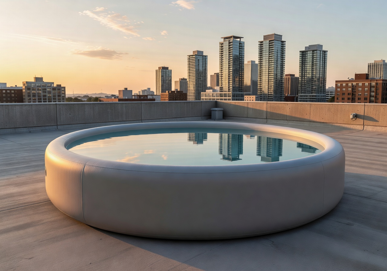 Corafunsanctm portable pool set up on a rooftop with water reflection