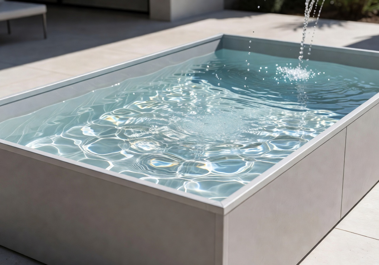Crystal clear water filling up a modern portable pool in sunlight