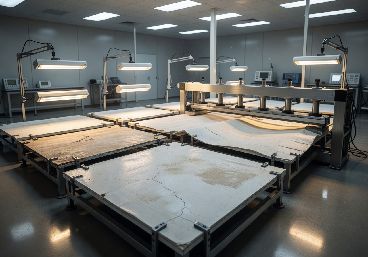 Durability testing laboratory with Corafunsanctm pool materials undergoing stress and UV exposure tests