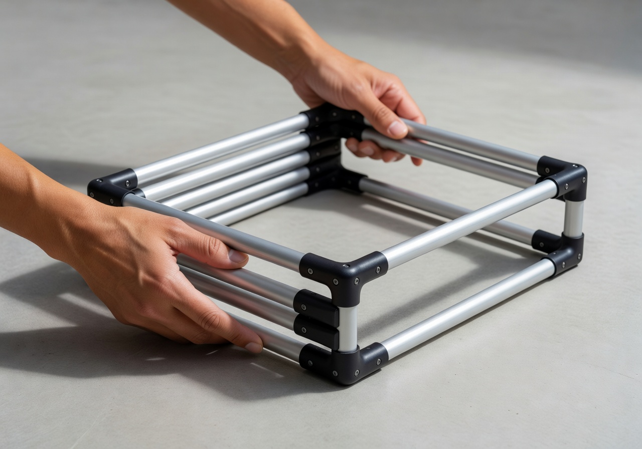Hands unfolding a compact portable pool frame on a clean surface