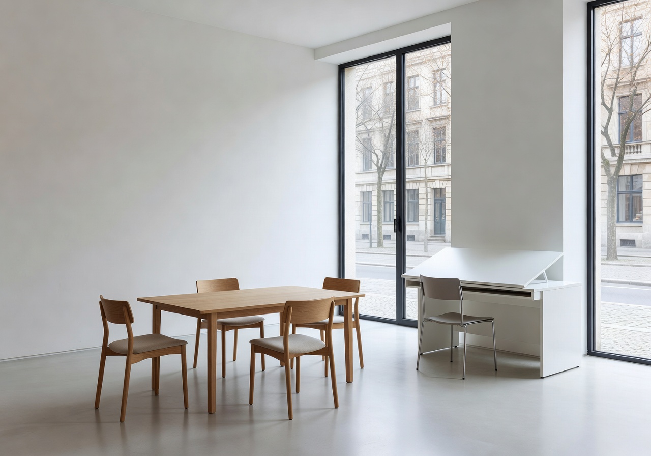 Modern European design studio with clean white walls, large windows, and minimalist furniture where Corafunsanctm was conceived