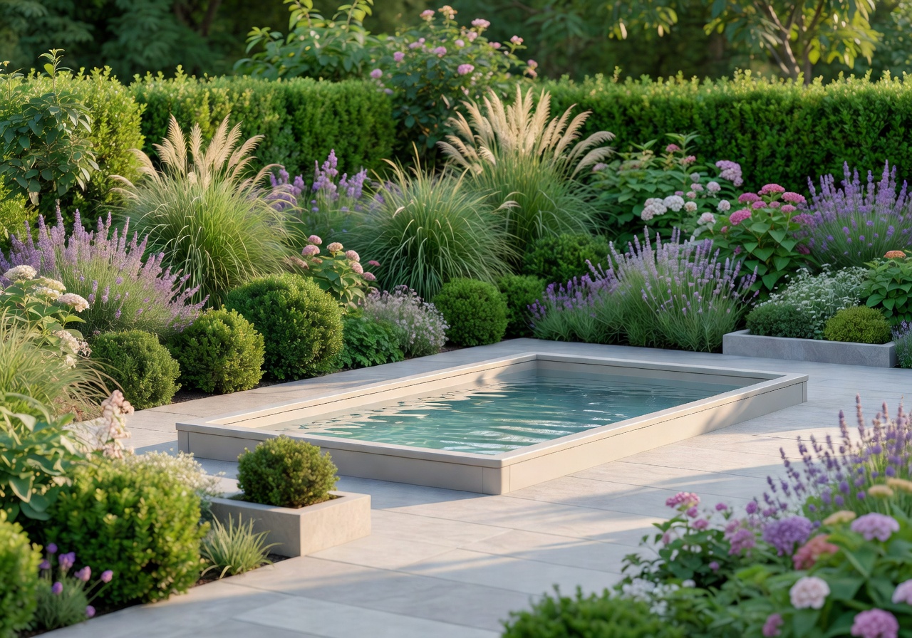 Modern European garden with lush greenery featuring a portable pool on the patio