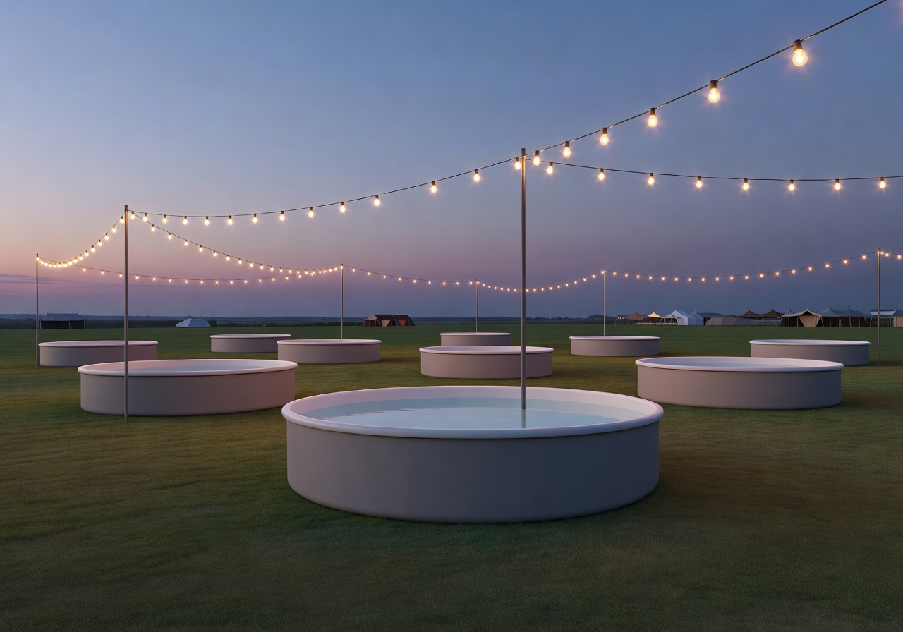 Outdoor festival event area with portable pools and string lights at twilight