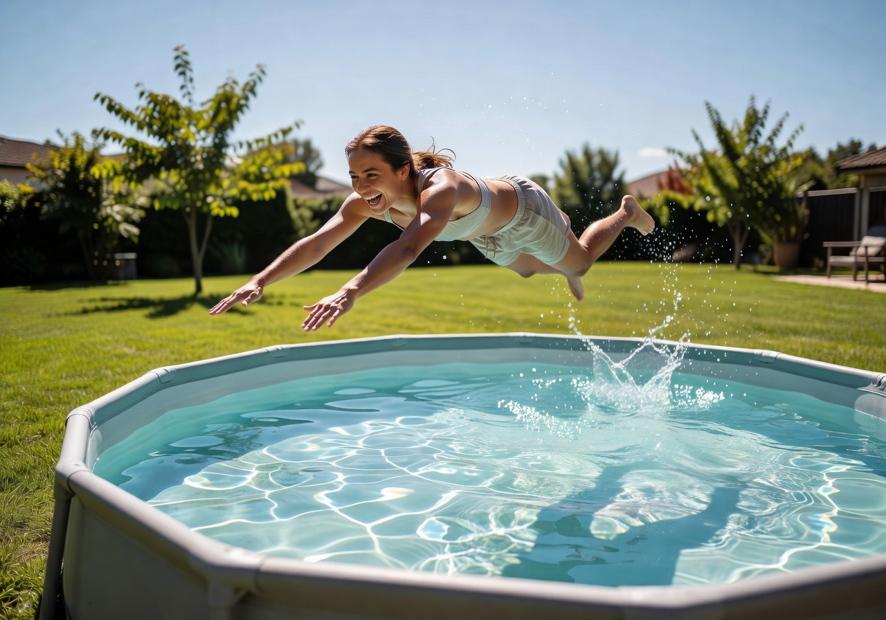 Person joyfully diving into a crystal clear portable pool on a sunny day
