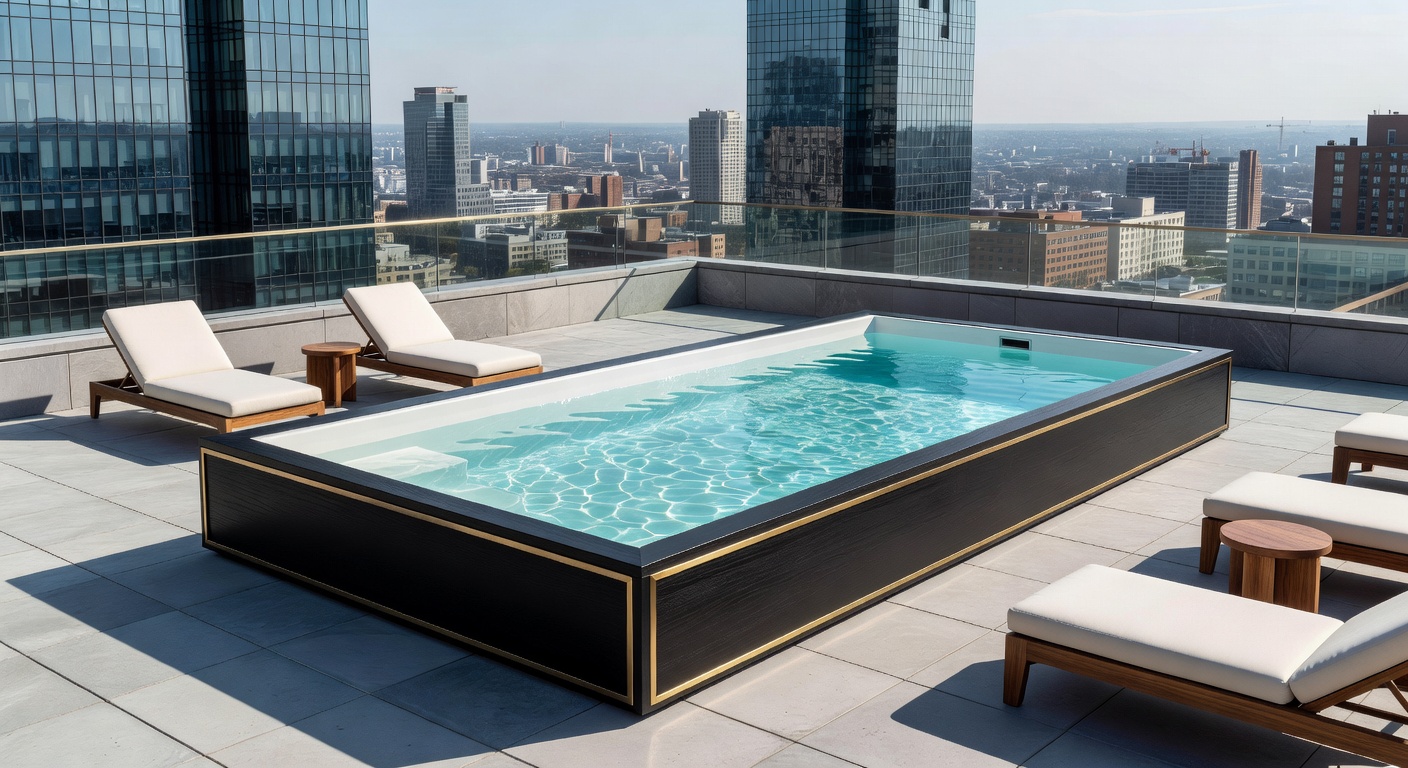 Portable luxury pool on a sunlit rooftop terrace with city skyline in the background