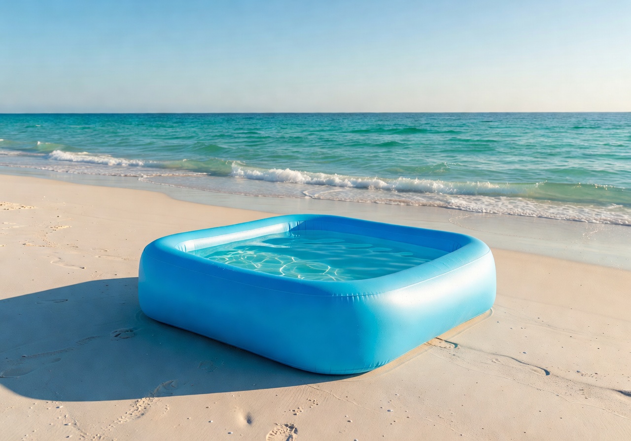 Portable pool set up on a sandy beach with turquoise ocean waves in background
