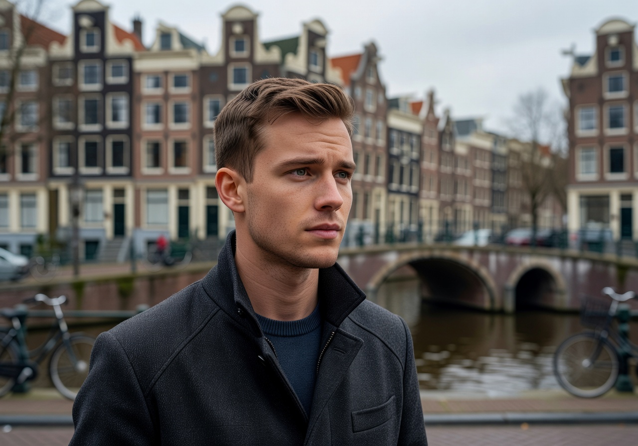 Portrait of Lars V., a young man with short hair from Amsterdam, Netherlands