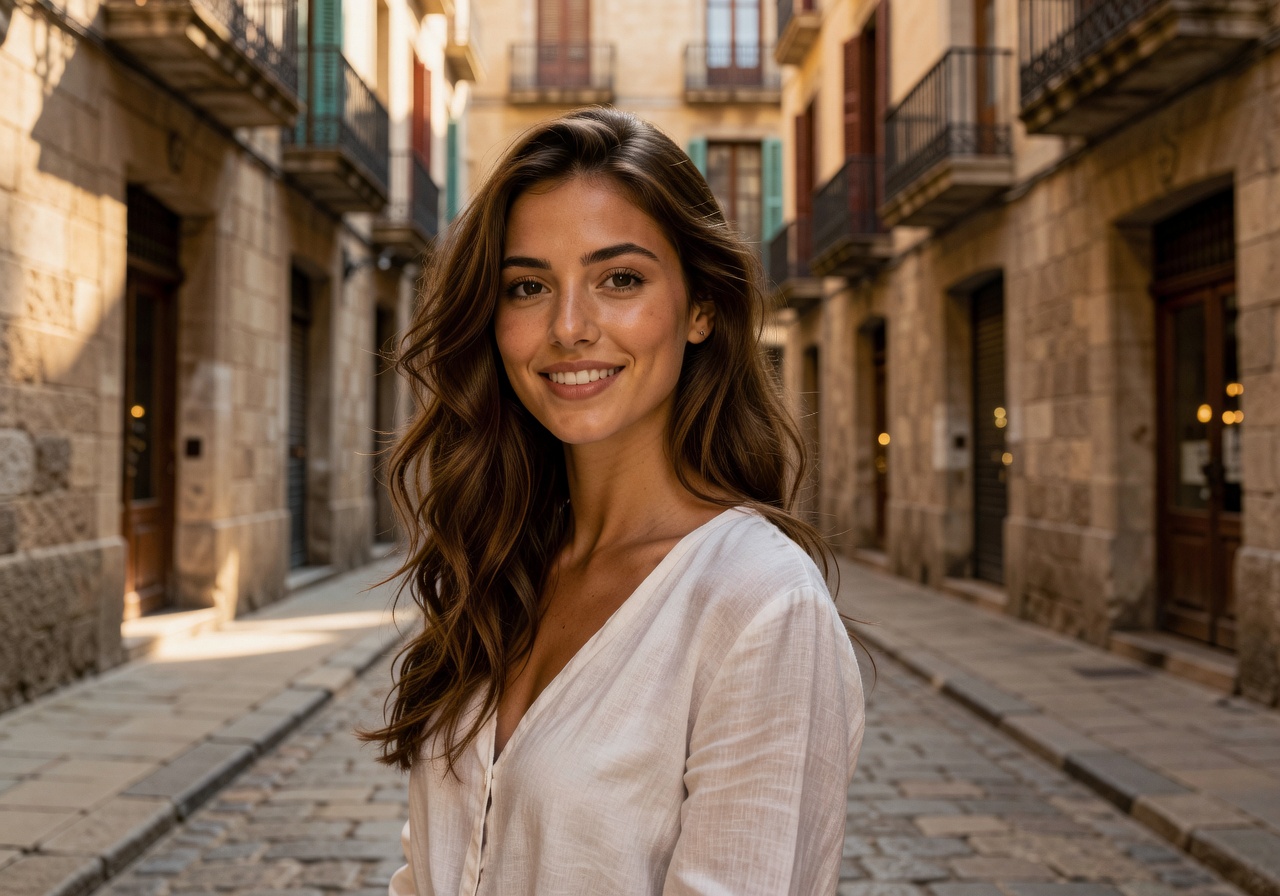 Portrait of Sofia M., a young woman with wavy hair from Barcelona, Spain