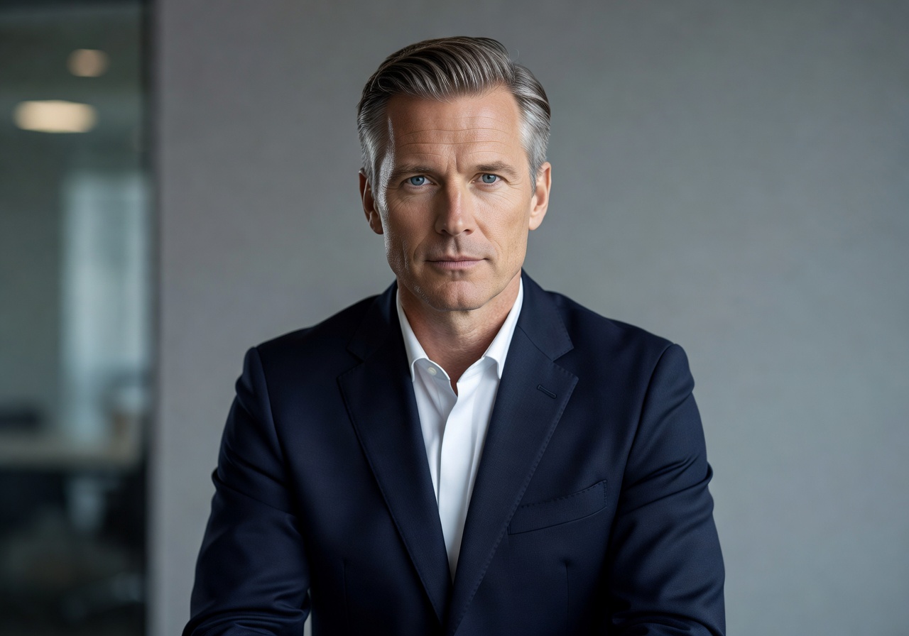 Professional portrait of Erik Lindström, Co-Founder and CEO of Corafunsanctm, wearing a minimalist navy blazer