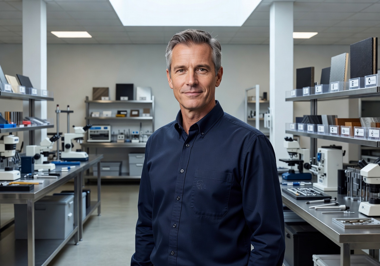 Professional portrait of Marc de Vries, Lead Material Engineer at Corafunsanctm, in a clean workshop setting
