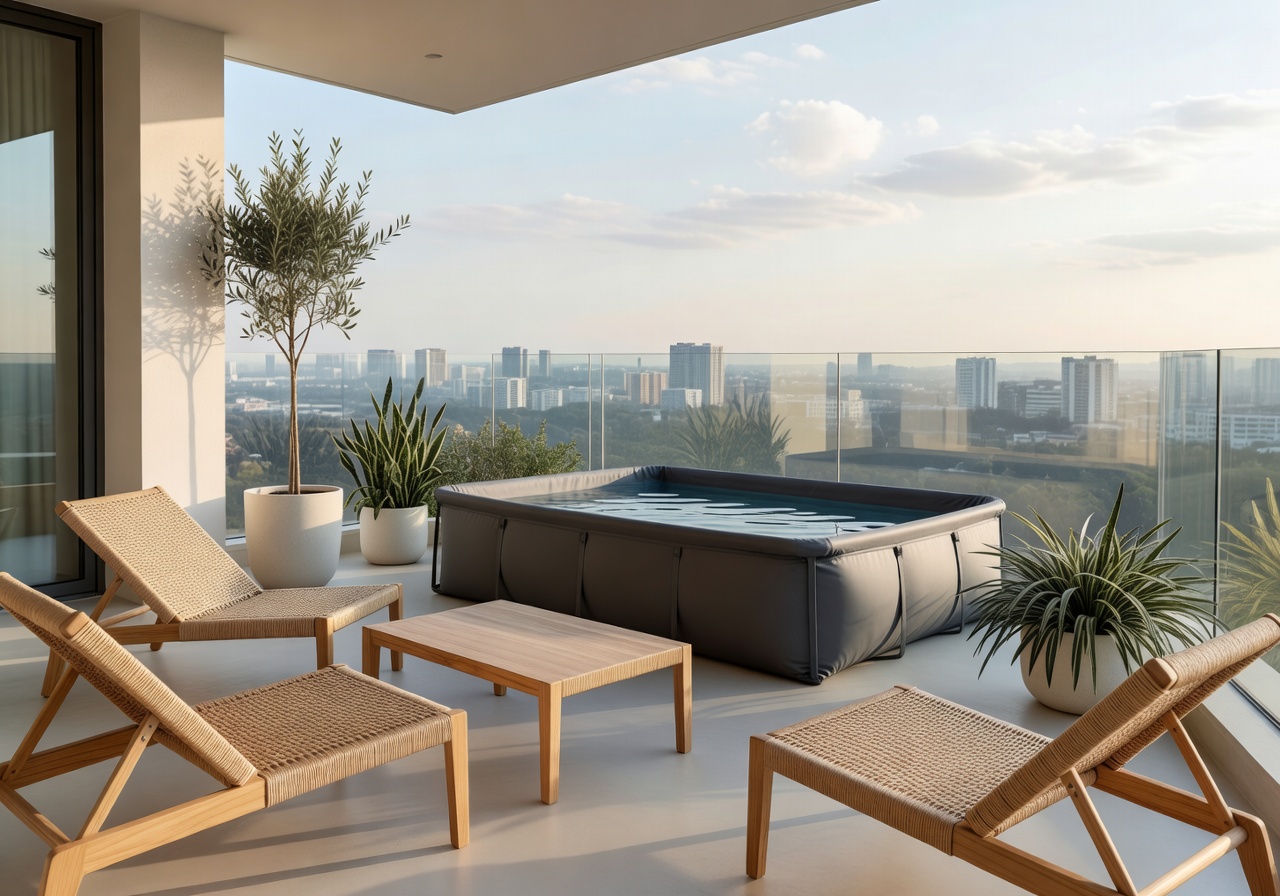 Spacious modern balcony with minimalist furniture and a compact portable pool
