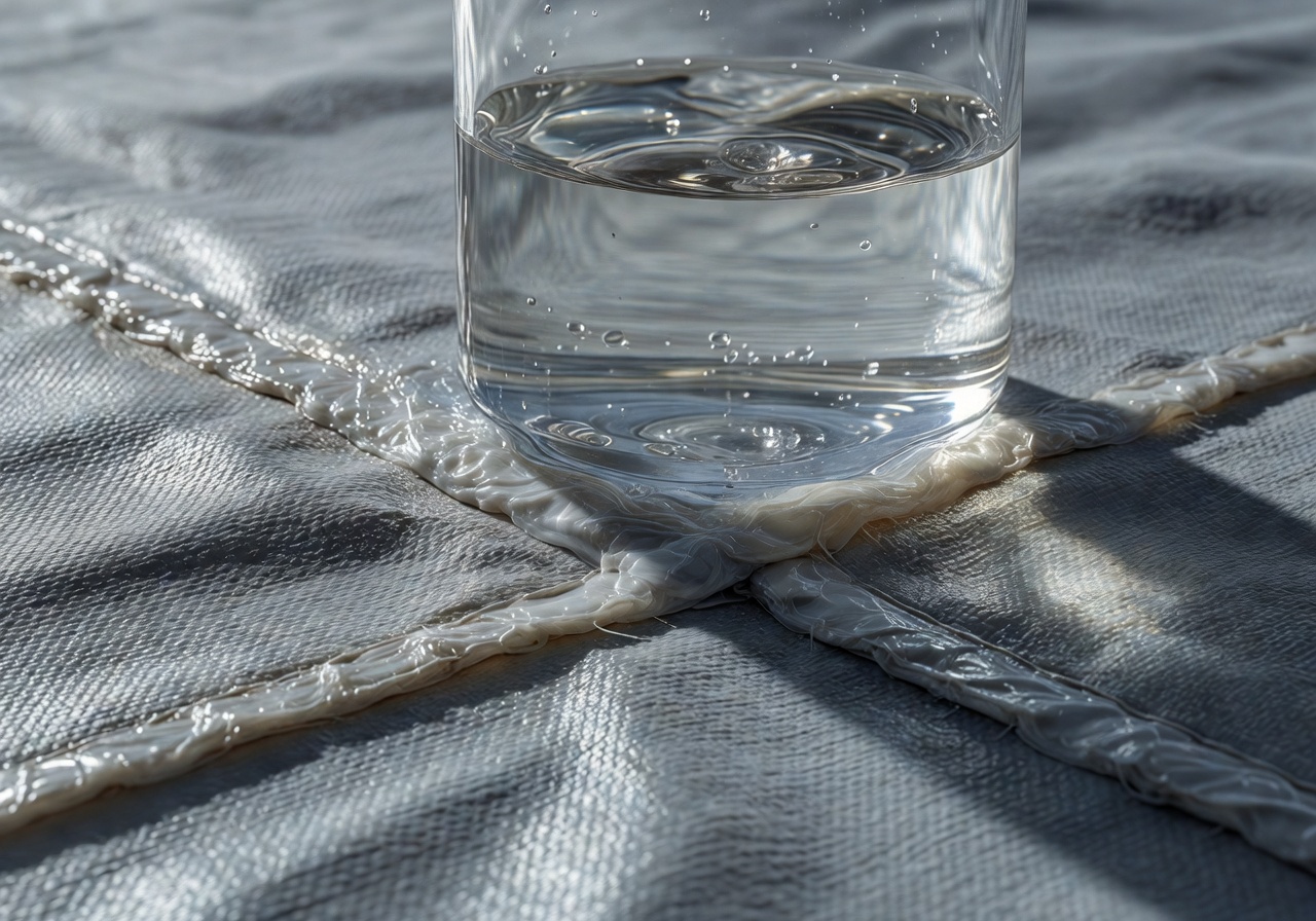 Water sealing technology demonstration showing airtight welded seams on pool fabric under magnification