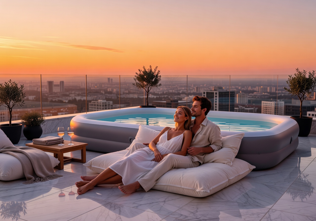 Young couple relaxing by a portable pool on a luxury rooftop terrace at sunset